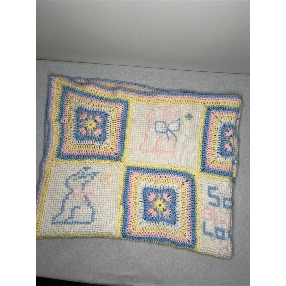 Hand Crochet Baby Blanket Pastel Colors Pink/Yellow/Blue/White 49”x 38”